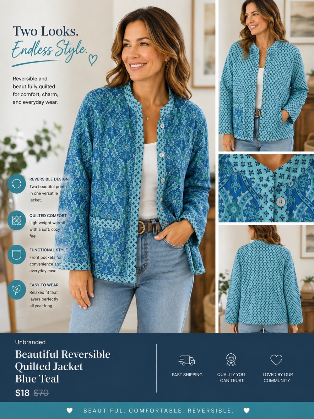 Beautiful Reversible Quilted Jacket Blue Teal